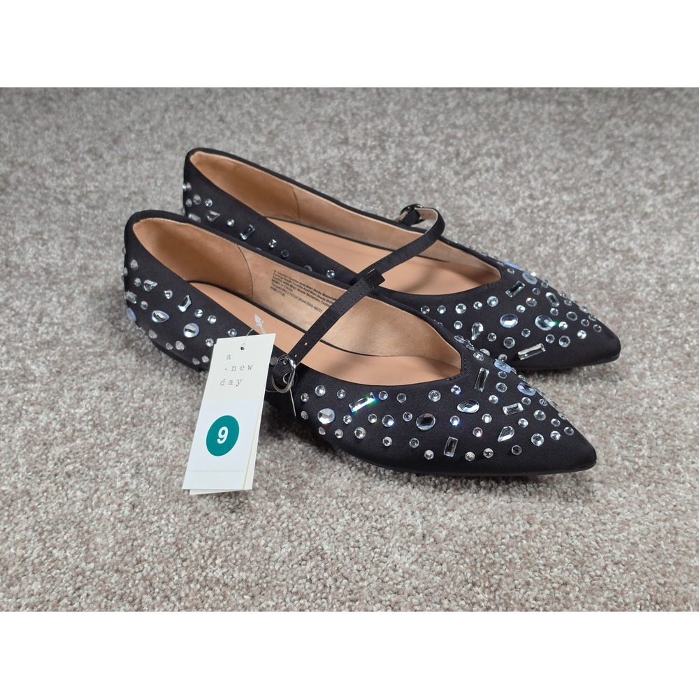 A New Day Gabriella Black Rhinestone Mary Jane Pointed Toe Flats Shoes Size 9